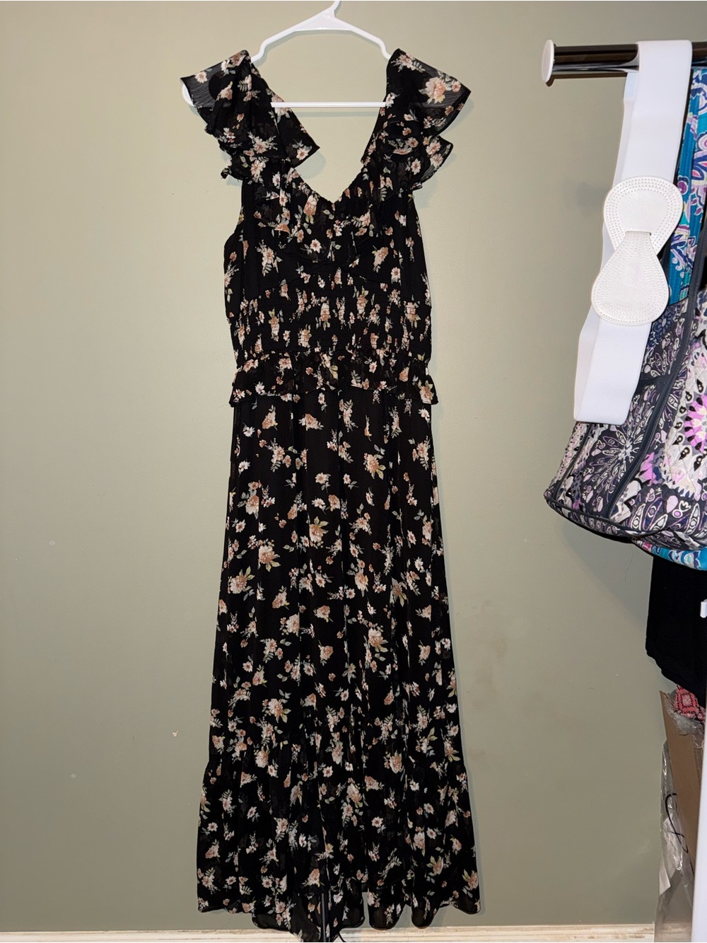 Main Strip Black Floral Maxi Dress with Ruffle Shoulders